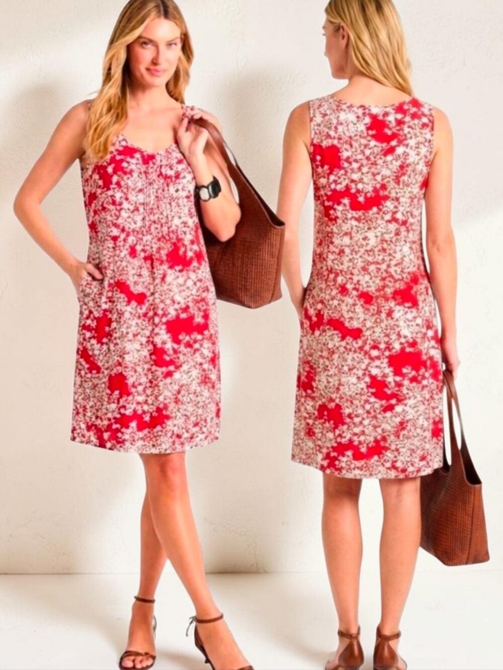 J JILL Red and White Floral Print Sleeveless Shift Dress - Size 6
